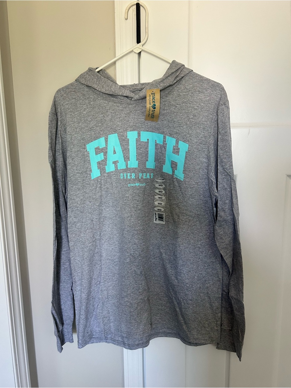 FAITH Over Fear Grey Hoodie Tee with Turquoise Print